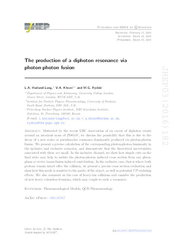 The production of a diphoton resonance via photon-photon fusion Thumbnail