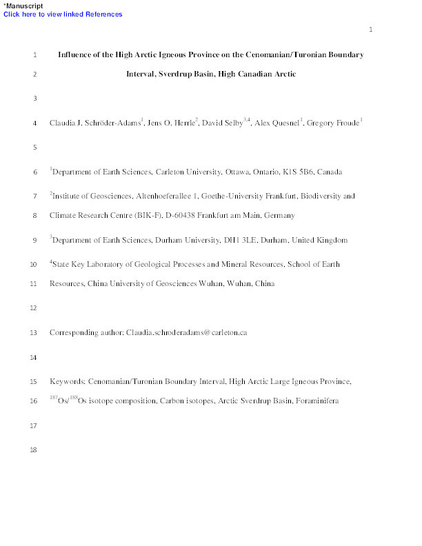 Influence of the High Arctic Igneous Province on the Cenomanian/Turonian Boundary Interval, Sverdrup Basin, High Canadian Arctic Thumbnail