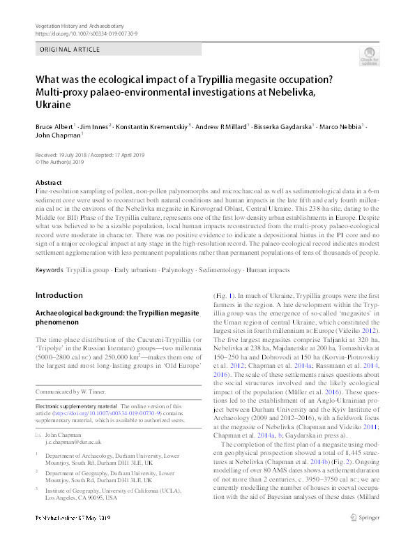 What was the ecological impact of a Trypillia mega-site occupation? Multi-proxy palaeo-environmental investigations at Nebelivka, Ukraine Thumbnail