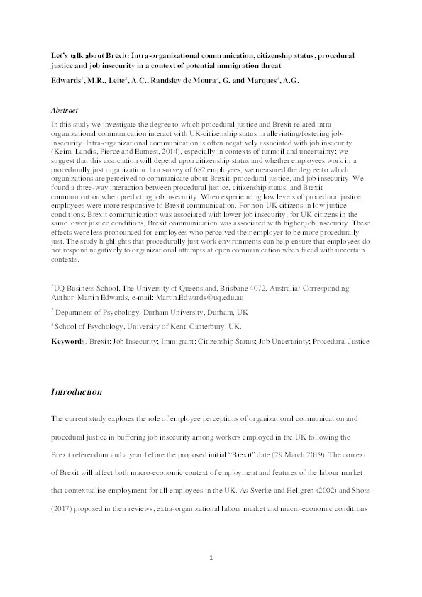 Let’s talk about Brexit: Intra-organizational communication, citizenship status, procedural justice and job insecurity in a context of potential immigration threat Thumbnail