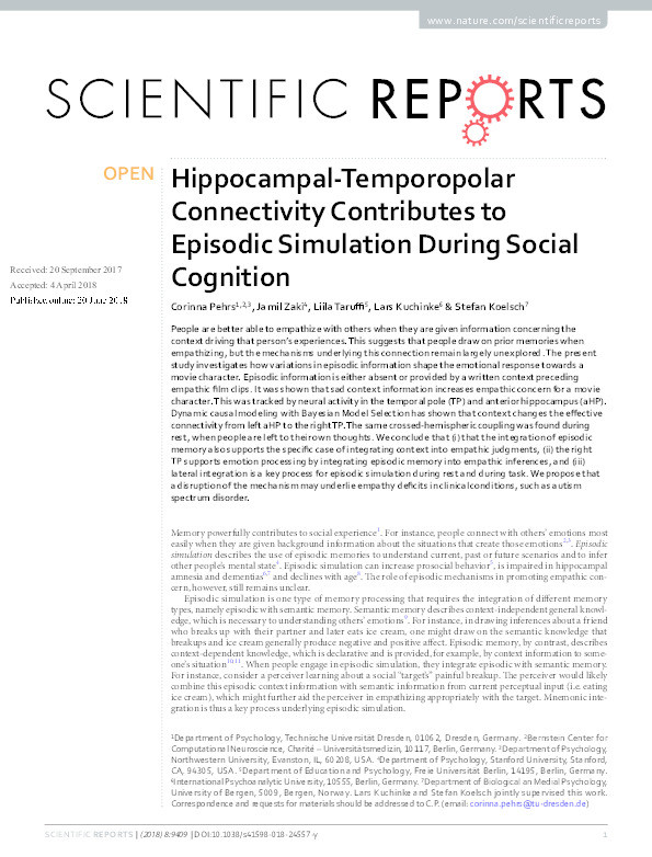 Hippocampal-Temporopolar Connectivity Contributes to Episodic Simulation During Social Cognition Thumbnail