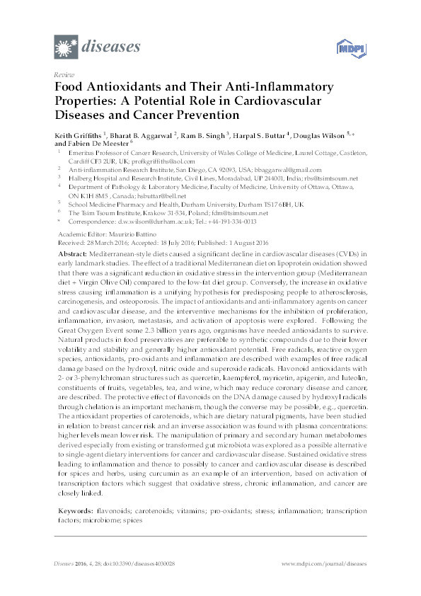 Food Antioxidants and Their Anti-Inflammatory Properties: A Potential Role in Cardiovascular Diseases and Cancer Prevention Thumbnail
