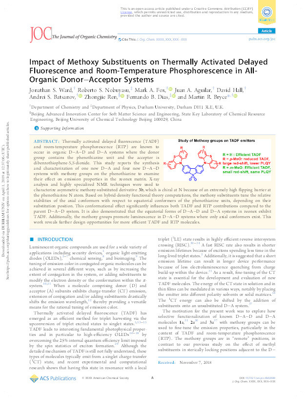 Impact of Methoxy Substituents on Thermally Activated Delayed Fluorescence and Room-Temperature Phosphorescence in All-Organic Donor–Acceptor Systems Thumbnail