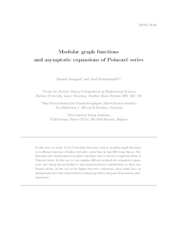 Modular graph functions and asymptotic expansions of Poincare' series Thumbnail