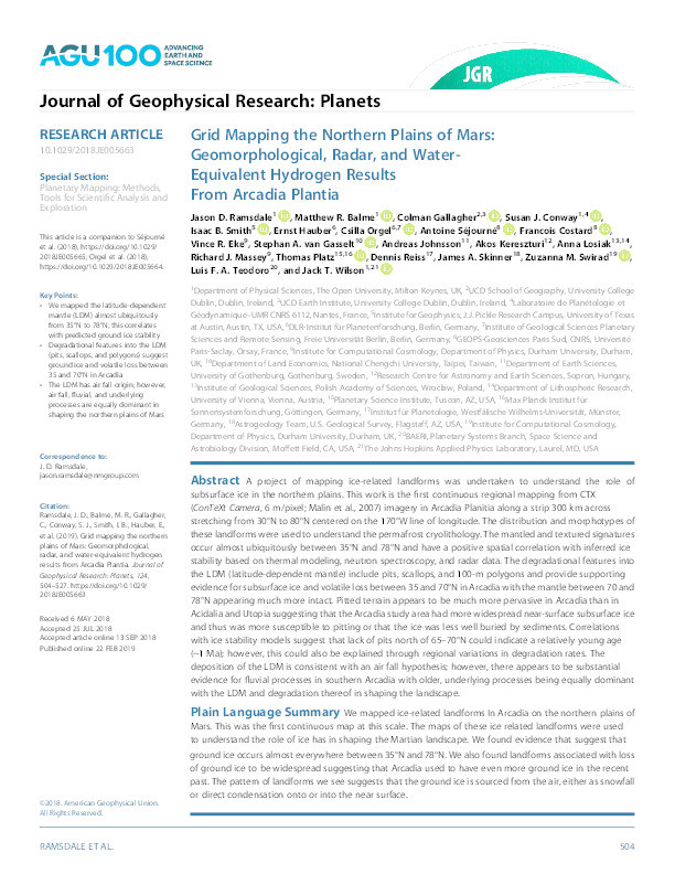 Grid Mapping the Northern Plains of Mars: Geomorphological, Radar, and Water‐Equivalent Hydrogen Results From Arcadia Plantia Thumbnail