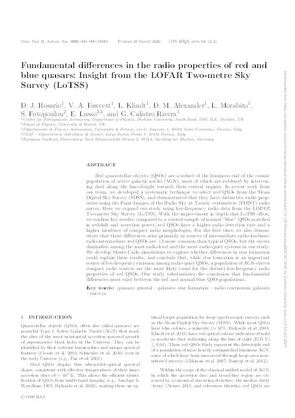 Fundamental differences in the radio properties of red and blue quasars: Insight from the LOFAR Two-metre Sky Survey (LoTSS) Thumbnail