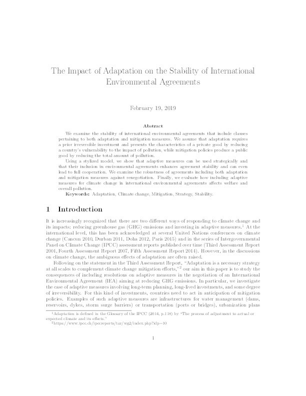 The Impact of Adaptation on the Stability of International Environmental Agreements Thumbnail