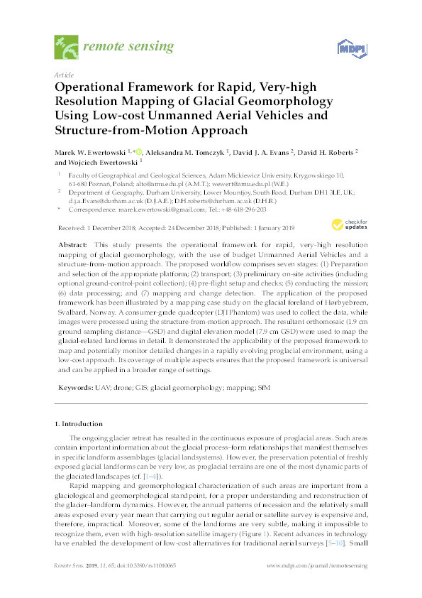 Operational Framework for Rapid, Very-high Resolution Mapping of Glacial Geomorphology Using Low-cost Unmanned Aerial Vehicles and Structure-from-Motion Approach Thumbnail