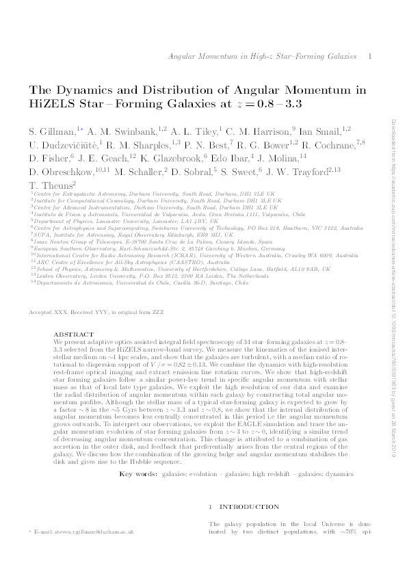 The Dynamics and Distribution of Angular Momentum in HiZELS Star – Forming Galaxies at z = 0.8 – 3.3 Thumbnail