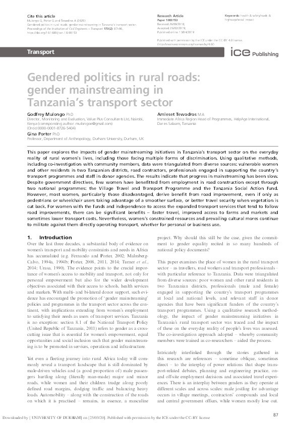 Gendered politics in rural roads: gender mainstreaming in Tanzania's transport sector Thumbnail