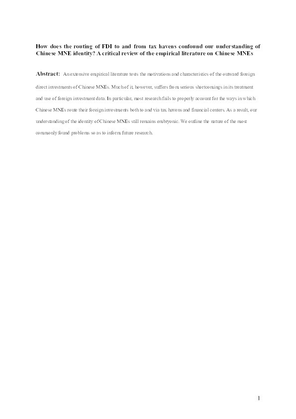 How does the routing of FDI to and via tax havens confound our understanding of Chinese MNE identity? A critical review of the empirical literature on Chinese MNEs Thumbnail