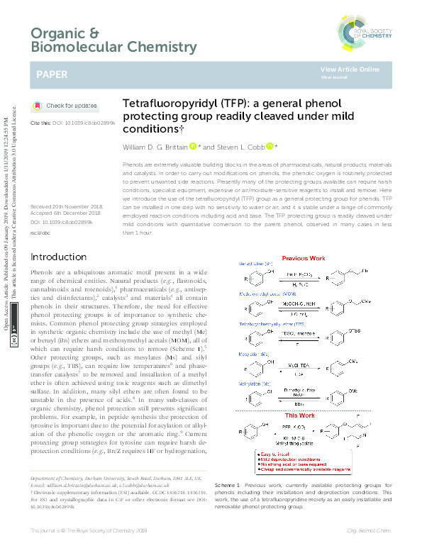 Tetrafluoropyridyl (TFP): a general phenol protecting group readily cleaved under mild conditions Thumbnail