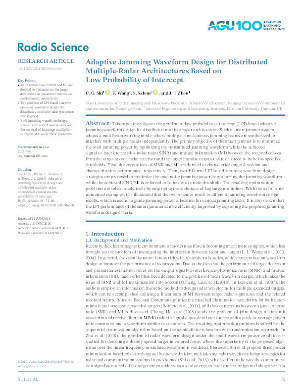 Adaptive jamming waveform design for distributed multiple-radar architectures based on low probability of intercept Thumbnail