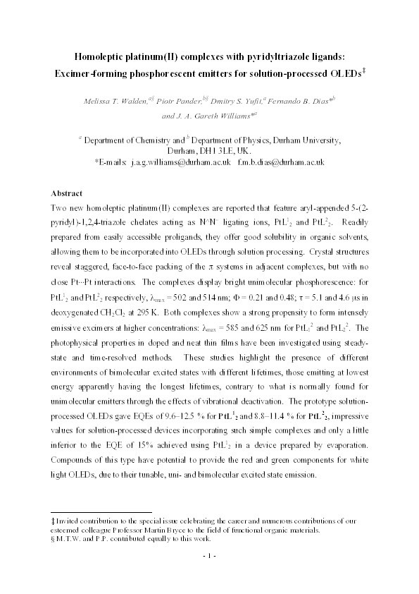 Homoleptic platinum(ii) complexes with pyridyltriazole ligands: excimer-forming phosphorescent emitters for solution-processed OLEDs Thumbnail