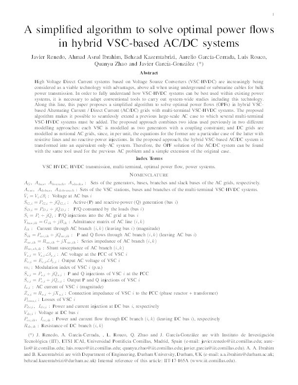 A simplified algorithm to solve optimal power flows in hybrid VSC-based AC/DC systems Thumbnail