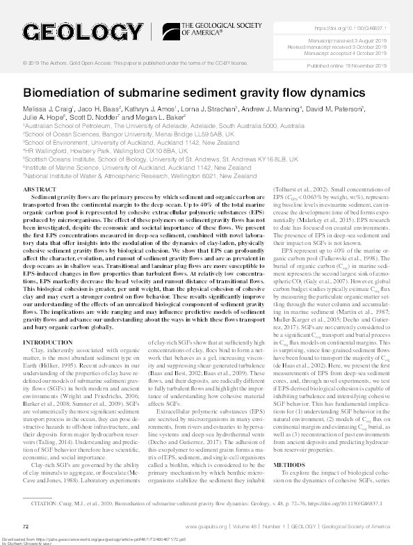 Biomediation of submarine sediment gravity flow dynamics Thumbnail