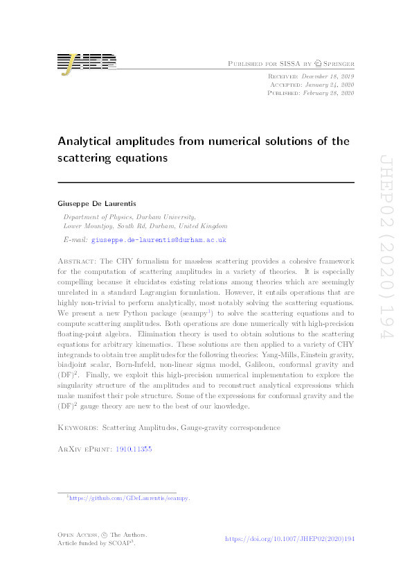 Analytical amplitudes from numerical solutions of the scattering equations Thumbnail