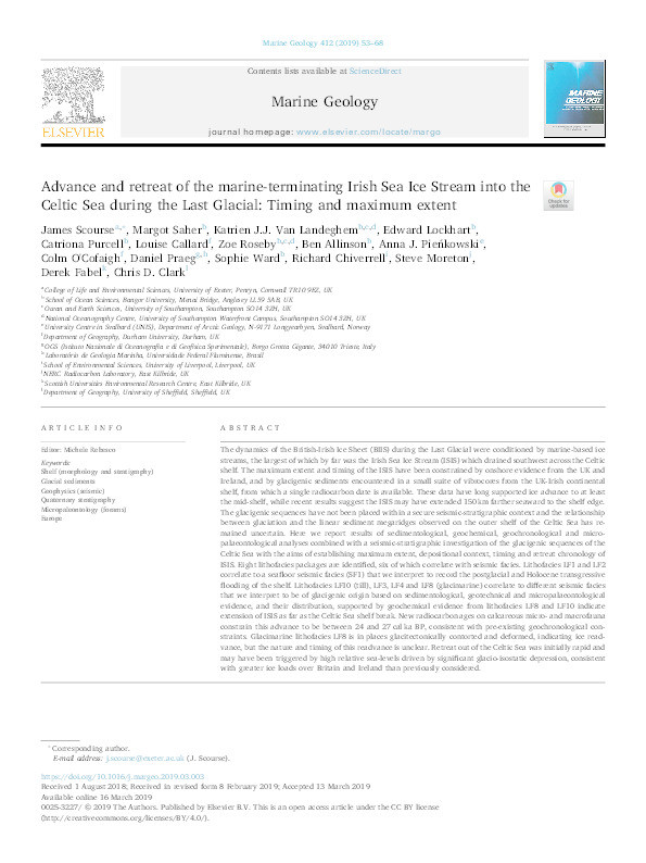 Advance and retreat of the marine-terminating Irish Sea Ice Stream into the Celtic Sea during the last glacial: Timing and maximum extent Thumbnail