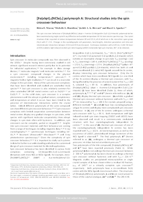 [Fe(abpt)2(NCSe)2] polymorph A: structural studies into the spin crossover behaviour Thumbnail