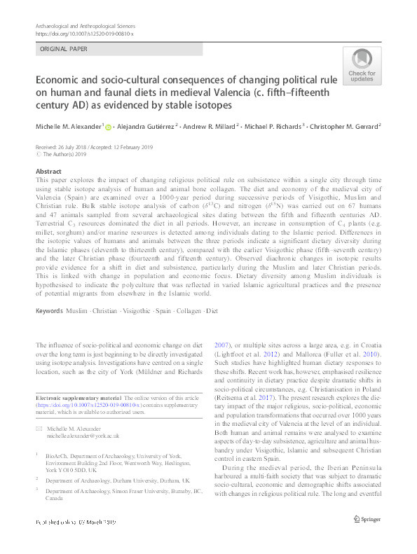 Economic and socio-cultural consequences of changing political rule on human and faunal diets in medieval Valencia (c. fifth–fifteenth century AD) as evidenced by stable isotopes Thumbnail