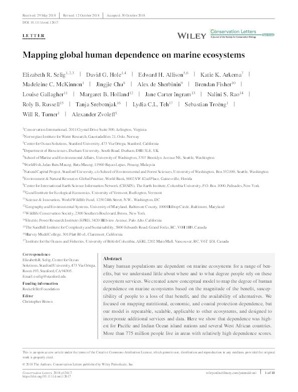 Mapping global human dependence on marine ecosystems Thumbnail