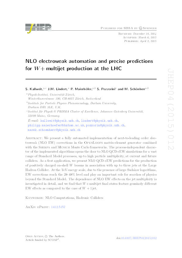 NLO electroweak automation and precise predictions for W + multijet production at the LHC Thumbnail
