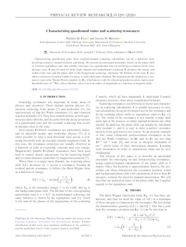 Characterizing quasibound states and scattering resonances Thumbnail