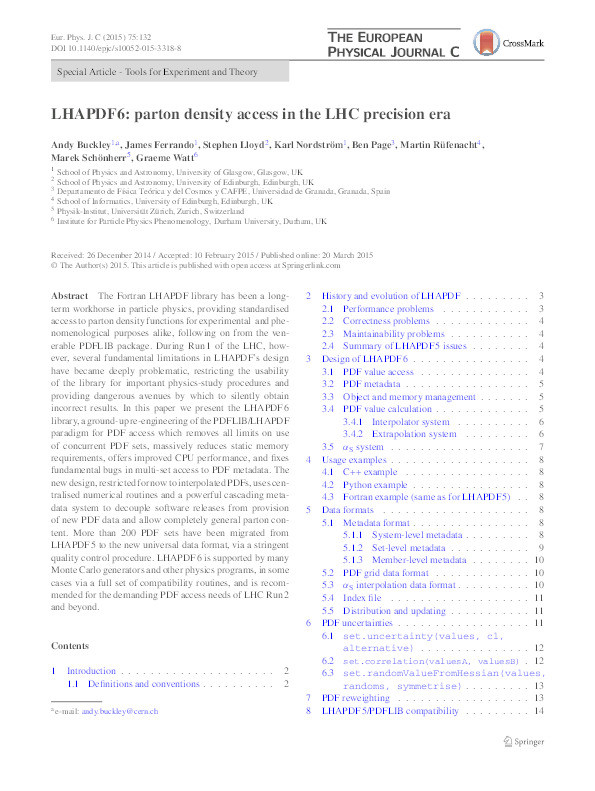 LHAPDF6: parton density access in the LHC precision era Thumbnail
