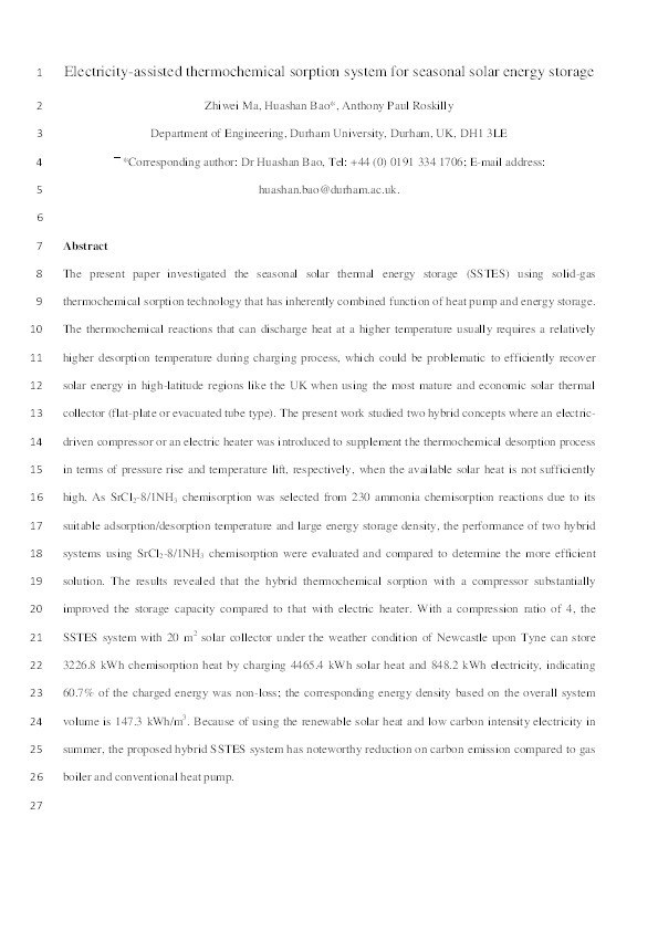 Electricity-assisted thermochemical sorption system for seasonal solar energy storage Thumbnail