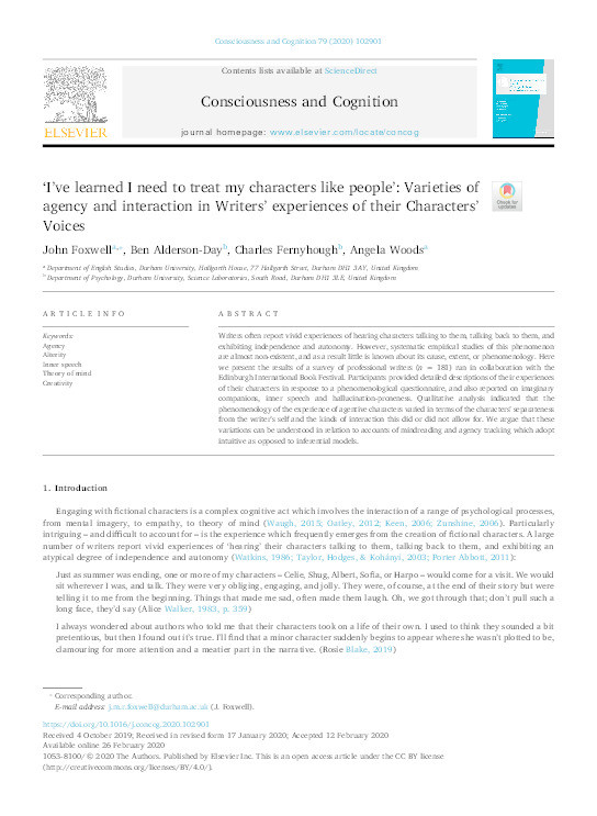 ‘I’ve learned I need to treat my characters like people’: Varieties of agency and interaction in Writers’ experiences of their Characters’ Voices Thumbnail