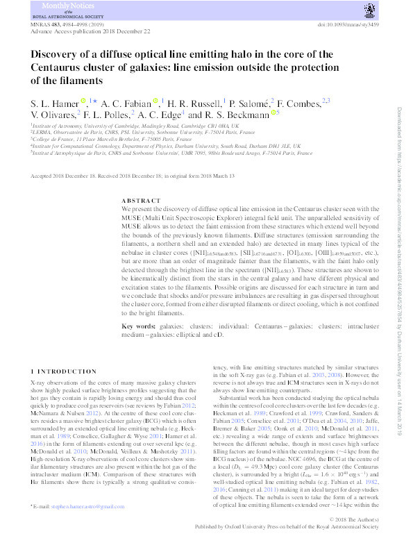 Discovery of a diffuse optical line emitting halo in the core of the Centaurus cluster of galaxies: line emission outside the protection of the filaments Thumbnail