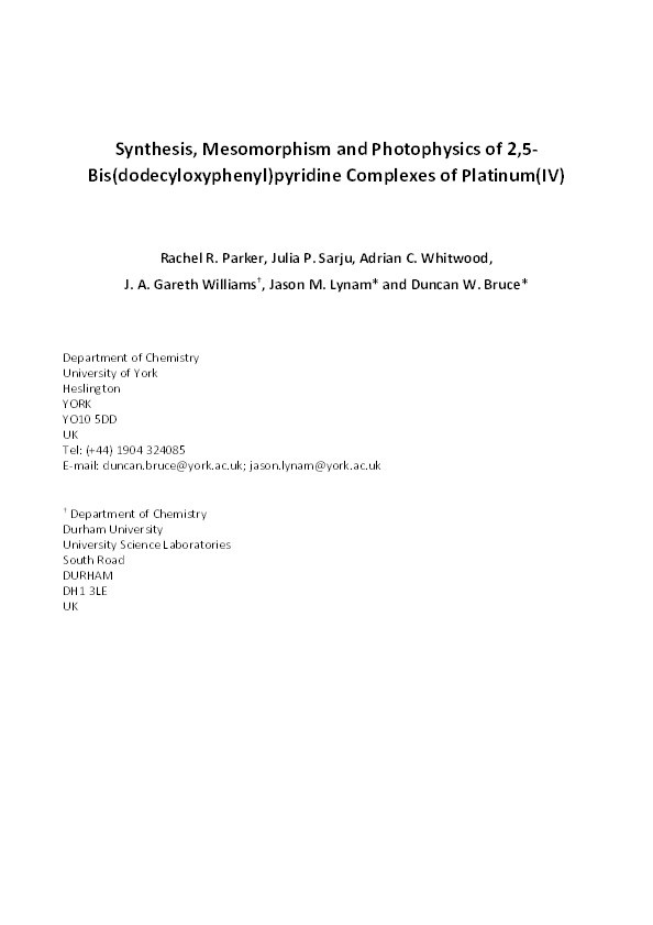 Synthesis, Mesomorphism, and Photophysics of 2,5-Bis(dodecyloxyphenyl)pyridine Complexes of Platinum(IV) Thumbnail