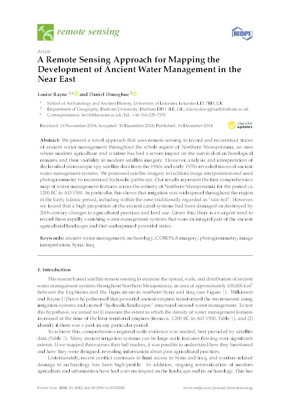 A Remote Sensing Approach for Mapping the Development of Ancient Water Management in the Near East Thumbnail