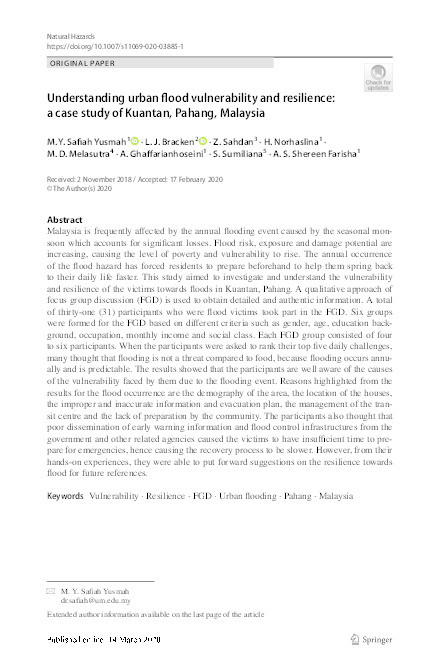 Understanding urban flood vulnerability and resilience: a case study of Kuantan, Pahang, Malaysia Thumbnail