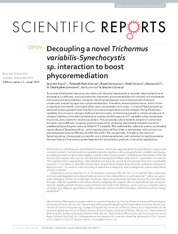 Decoupling a novel Trichormus variabilis-Synechocystis sp. interaction to boost phycoremediation Thumbnail