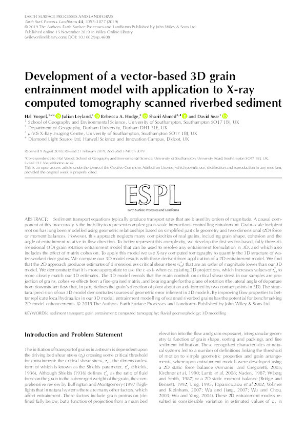 Development of a vector-based 3D grain entrainment model with application to X-ray computed tomography (XCT) scanned riverbed sediment Thumbnail