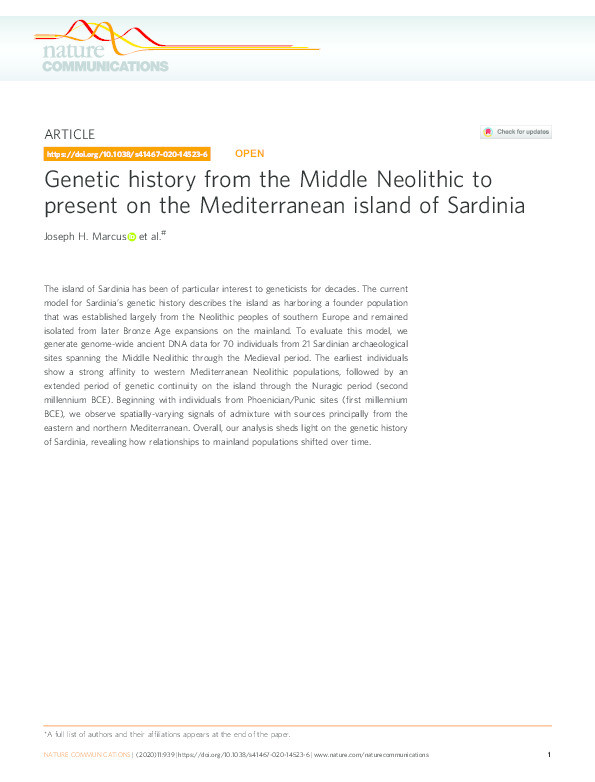 Genetic history from the Middle Neolithic to present on the Mediterranean island of Sardinia Thumbnail