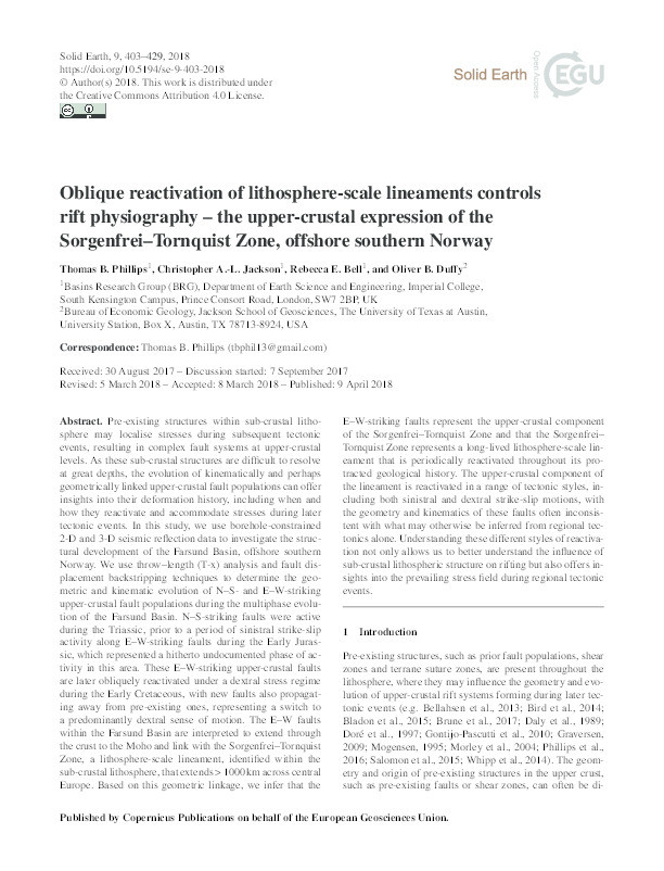 Oblique reactivation of lithosphere-scale lineaments controls rift physiography – the upper-crustal expression of the Sorgenfrei–Tornquist Zone, offshore southern Norway Thumbnail