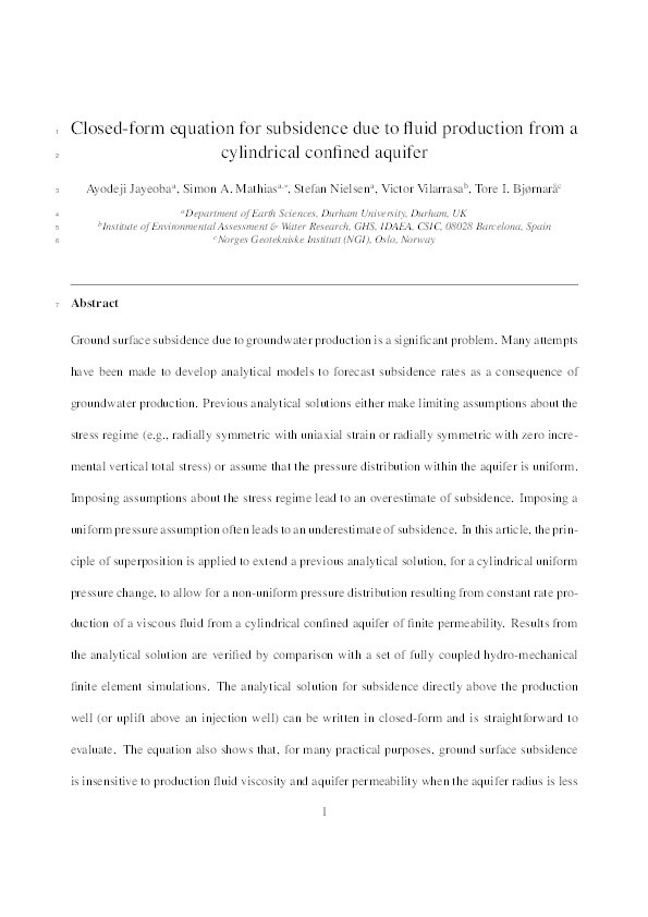 Closed-form equation for subsidence due to fluid production from a cylindrical confined aquifer Thumbnail