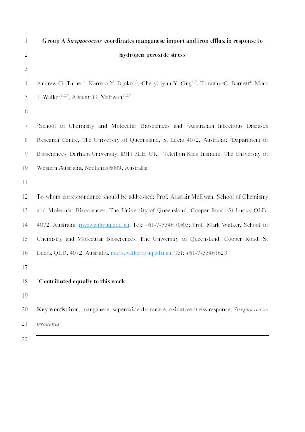 Group A Streptococcus co-ordinates manganese import and iron efflux in response to hydrogen peroxide stress Thumbnail