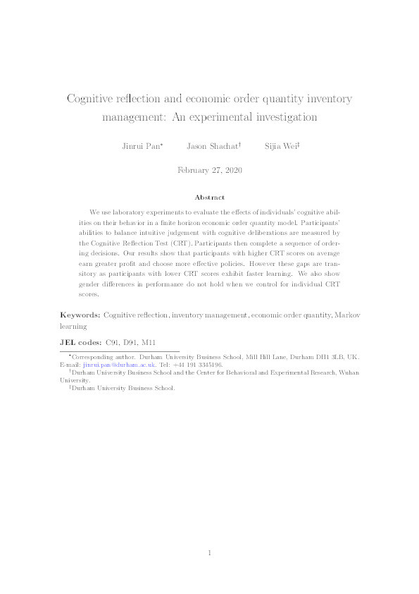 Cognitive reflection and economic order quantity inventory management: An experimental investigation Thumbnail