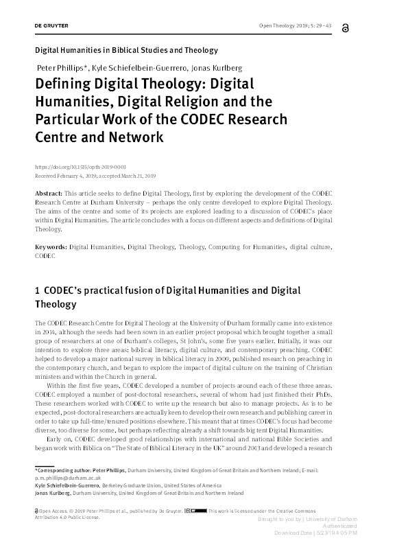 Defining Digital Theology: Digital Humanities, Digital Religion and the Particular Work of the CODEC Research Centre and Network Thumbnail