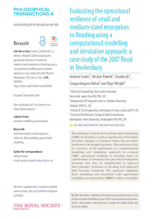 Evaluating the operational resilience of small and medium-sized enterprises to flooding using a computational modelling and simulation approach: a case study of the 2007 flood in Tewkesbury Thumbnail