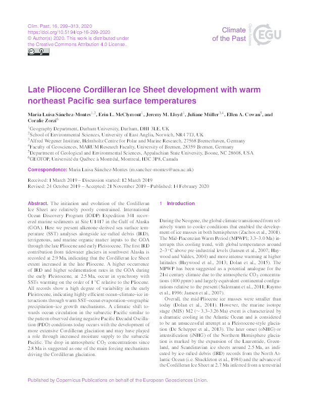 Late Pliocene Cordilleran Ice Sheet development with warm Northeast Pacific sea surface temperatures Thumbnail