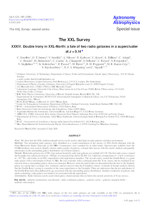 The XXL Survey: XXXIV. Double Irony in XXL-North: a tale of two radio galaxies in a supercluster at z = 0.14 Thumbnail