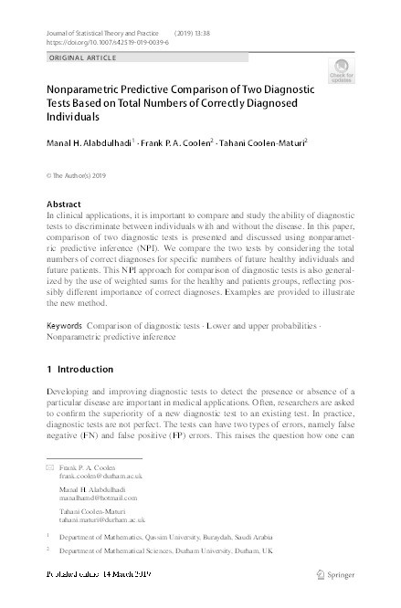 Nonparametric predictive comparison of two diagnostic tests based on total numbers of correctly diagnosed individuals Thumbnail