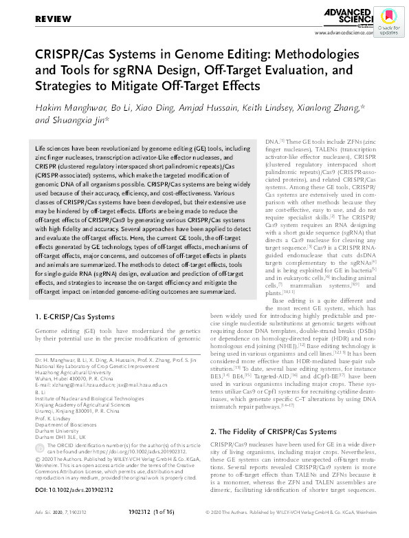 CRISPR/Cas systems in genome editing: methodologies and tools for sgRNA design, off-target evaluation and strategies to mitigate off-target effects Thumbnail
