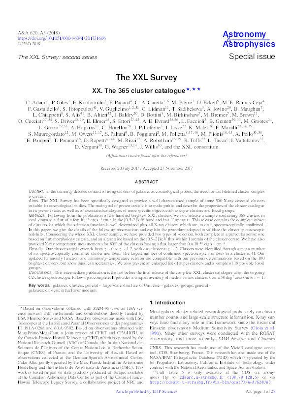 The XXL Survey: XX. The 365 cluster catalogue Thumbnail