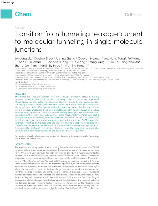 Transition from Tunneling Leakage Current to Molecular Tunneling in Single-Molecule Junctions Thumbnail