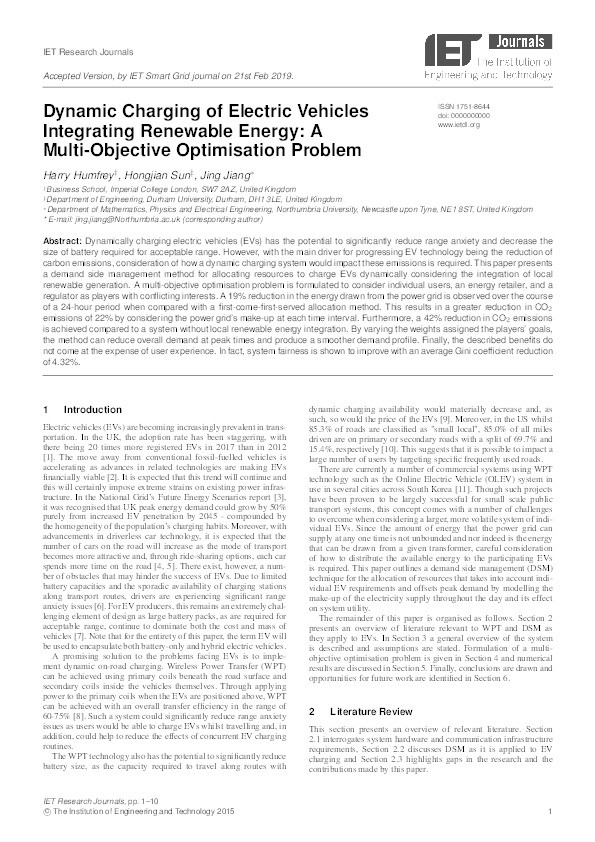Dynamic Charging of Electric Vehicles Integrating Renewable Energy: A Multi-Objective Optimisation Problem Thumbnail